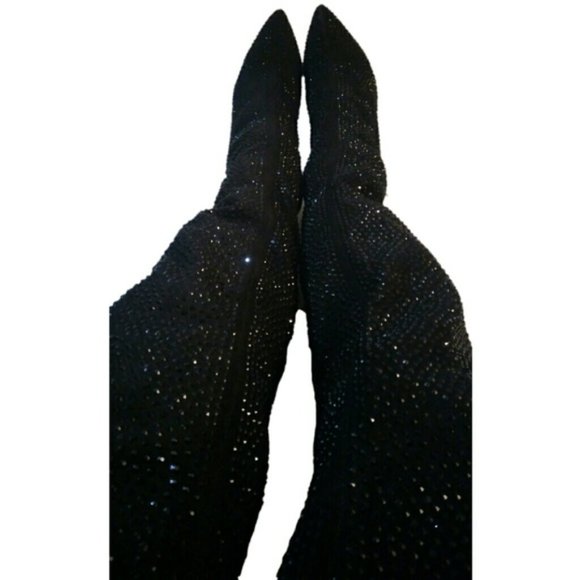C - BELLA LUNA 7.5 BLACK RHINESTONE SPARKLY BOOTS OTK holiday party womens - Picture 8 of 11